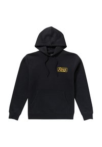 Black sweatshirt with a hood, featuring a front pouch pocket and a yellow "Rucn" logo on the chest. Made of soft material, solid color design.