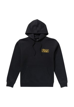 Schwarzer Kapuzenpullover mit einer Vorderaschetasche und einem gelben "Rucn"-Logo auf der Brust. Aus weichem Material, einfarbiges Design.