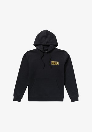 Czarna bluza z kapturem, z przednią kieszenią typu pouch i żółtym logo "Rucn" na piersi. Wykonana z miękkiego materiału, jednolity kolor.