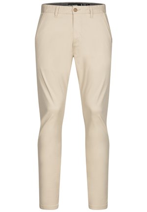 Beige cotton trousers with a straight leg design. Features a single button closure, belt loops, and subtle front pleats. Smooth texture.