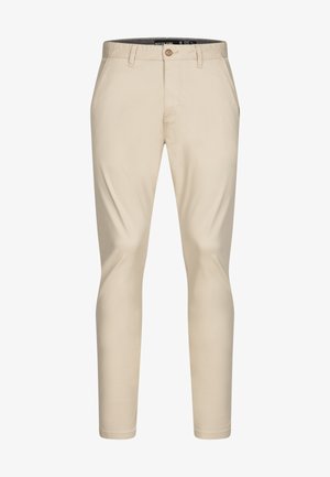 Beige Baumwollhose mit geradem Bein. Mit einem einzelnen Knopfverschluss, Gürtelschlaufen und dezenten Vorderfalten. Glatte Textur.