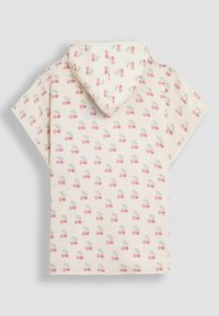 Felpa con maniche corte in tessuto leggero con un motivo a ciliegie rosa e verdi. Presenta un cappuccio, una forma ampia e un orlo con dettagli di cucitura minimi.