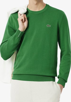 Mann trägt grünen Pullover mit Rundhalsausschnitt und kleinem Krokodil-Logo, hält weiße Jacke über der Schulter, eine Hand in der Hosentasche, vor weißem Hintergrund.