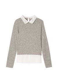 Grau langärmliges Oberteil mit weißem Kragen, das über Augenlötungen verfügt. Gestuftes Design mit einem Saum unterhalb der Taille. Weiche Textur insgesamt.