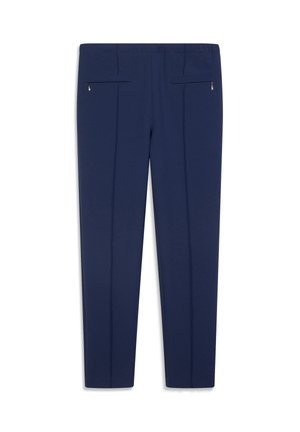 Pantalon bleu marine à jambes droites avec une taille élastique, deux poches avant zippées, et un tissu lisse et texturé avec une finition élégante.