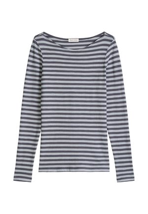 Langemouwen shirt met marineblauwe en lichtgrijze horizontale strepen, ronde hals en smalle pasvorm.