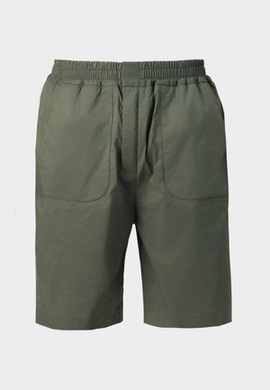 Grønne, letvægts shorts lavet af glat stof. Har en elastisk talje, front lynlås og to store sidelommer.