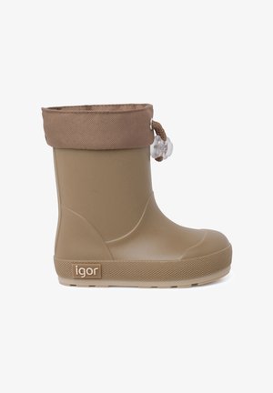 Botte de pluie en caoutchouc marron avec un dessus texturé, une semelle couleur crème et un poignet en tissu avec un cordon de serrage. Logo sur le côté.