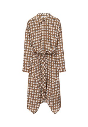 Brown and white checked shirt dress, featuring a button-down front, long sleeves, and a tied waist detail. Made from lightweight fabric.