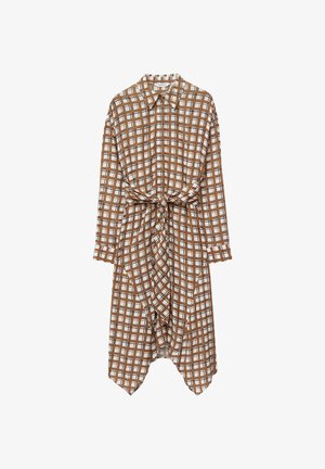Brown and white checked shirt dress, featuring a button-down front, long sleeves, and a tied waist detail. Made from lightweight fabric.