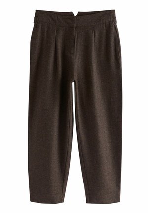 Braune maßgeschneiderte Hosen mit hoher Taille, elastischem Bund, gefältelter Vorderseite und knöchellanger Schnittform. Weicher Textur und keine sichtbaren Verzierungen.