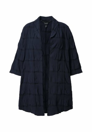 Marineblauwe, lichtgewicht open-front cardigan met getextureerde horizontale plooien en driekwartmouwen.