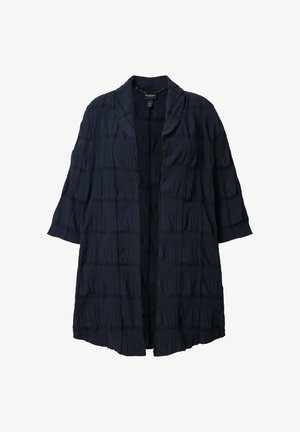 Tmavě modrý, lehký kardigan s otevřeným předním dílem, texturovanými horizontálními záhyby a tříčtvrtečními rukávy.