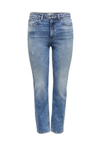 Jeans in denim azzurro chiaro con taglio dritto, caratterizzati da dettagli strappati, un classico design a cinque tasche e chiusura con bottone in vita.