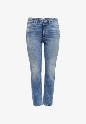 Light blue denim jeans with a straight cut, featuring distressed details, a classic five-pocket design, and a button closure at the waist.