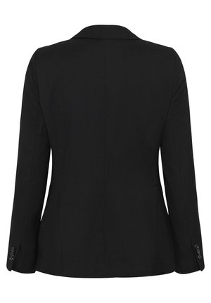 Melna piegriezta žakete ar garām piedurknēm, aizmugures šuves detaļa un pogātie aproces, redzama no aizmugures uz balta fona.