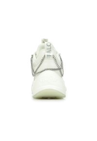 White sneaker with a chunky sole, mesh tongue, and a metallic chain detail across the back. Features a logo on the heel tab.