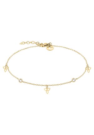 Bracelet délicat en chaîne d'or avec trois petits charms triquetra et deux pierres précieuses rondes et claires, muni d'un fermoir mousqueton et de maillons ajustables.