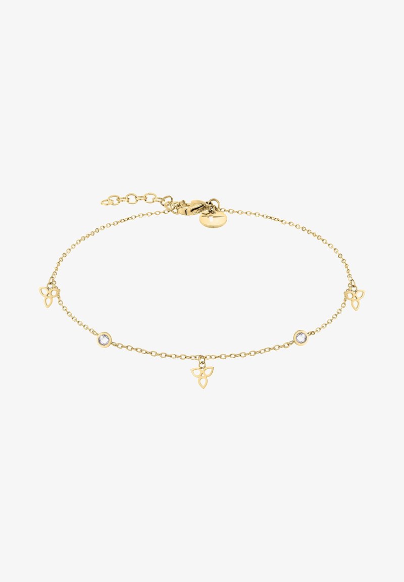 Bracelet délicat en chaîne d'or avec trois petits charms triquetra et deux pierres précieuses rondes et claires, muni d'un fermoir mousqueton et de maillons ajustables.