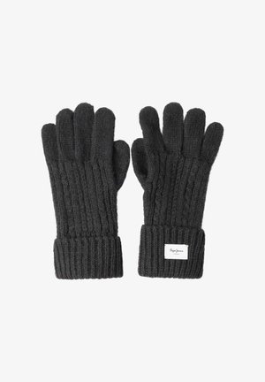 Gants tricotés gris foncé avec une texture côtelée, design sans doigts et poignet replié. Présente une petite étiquette de marque sur un des gants.
