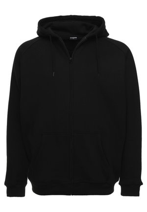 Black zip-up hoodie with a front pocket, drawstring hood, and ribbed cuffs. Made from soft, textured fabric, featuring a classic design.