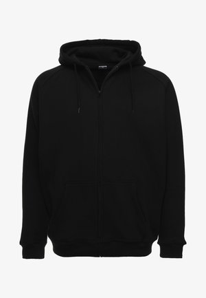 Črna zip-up kapuca z sprednjim žepom, kapuco na vrvico in rebrastimi manšetami. Narejena iz mehkega, teksturiranega blaga, z značilnim dizajnom.