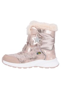 Botte d'hiver métallisée rose avec un col en fausse fourrure, un accent en forme d'étoile, des bandes Velcro et une semelle blanche. Matériau imperméable.