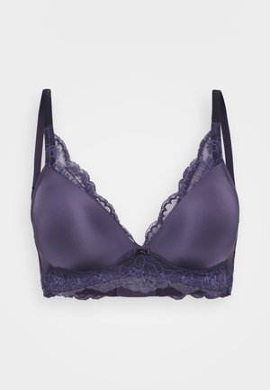Sutiã roxo com copos de cetim suave e acabamento de renda, alças ajustáveis e detalhe de borda ondulada na faixa.