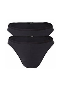 Due slip bikini in cotone elasticizzato nero impilati con sottili etichette del marchio sulla fascia frontale.