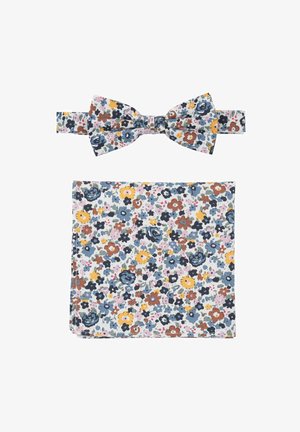 Floraler Fliegenbinder und Einstecktuch-Set aus leichtem Stoff mit mehrfarbigen Blumen auf einem hellen Hintergrund.