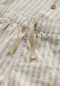 Tela a rayas en tonos azul pálido y amarillo, con una cintura elástica, cordón y un detalle de un solo botón marrón.