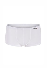 White cotton boxer briefs featuring a smooth texture, fitted design, and subtle branding detail on the waistband.