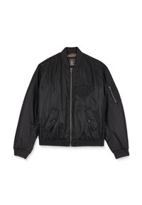 Giubbotto bomber nero con chiusura a zip, polsini a coste e due tasche frontali. Design ricamato sul petto realizzato in tessuto leggero.