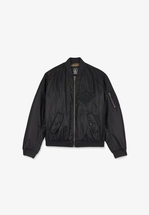 Black bomber jacket featuring a zip closure, ribbed cuffs, and two front pockets. Embroidered design on the chest with lightweight fabric.