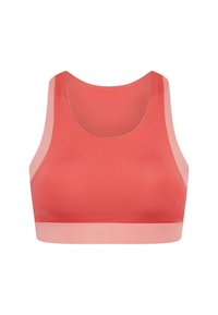 Korall színű sportmelltartó sima, rugalmas anyagból, széles pánttal és mély kikerekített nyakrésszel készült. Kontrasztos világos rózsaszín oldalsó panelek jellemzik.