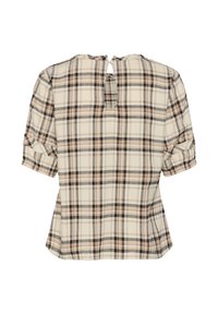 Blouse à manches courtes beige, marron et grise à carreaux avec pattes de manches boutonnées et détail œillet au dos.