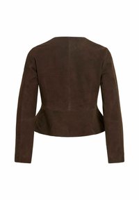 Veste en daim marron foncé avec manches longues et taille ajustée légèrement évasée, montrée de dos sur fond blanc.