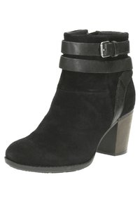 Mustat mokkanahkaiset nilkkurit, joissa on kaksi nahkahihnaa ja hopeinen solki, pyöreä varvasosa ja paksu keskikorkea korko.