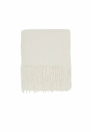 Franje sjaal in zachte, gestructureerde ivoorkleurige stof. Rechthoekige vorm met lange, gelijkmatig verdeelde franjes aan één uiteinde. Soepel en licht.