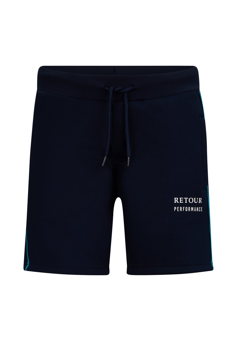 Navy zwemshorts met een trekkoord in de taille, textuurstof en lichtblauwe accenten aan de zijkanten. Bevat het "RETOUR PERFORMANCE" logo in het wit.
