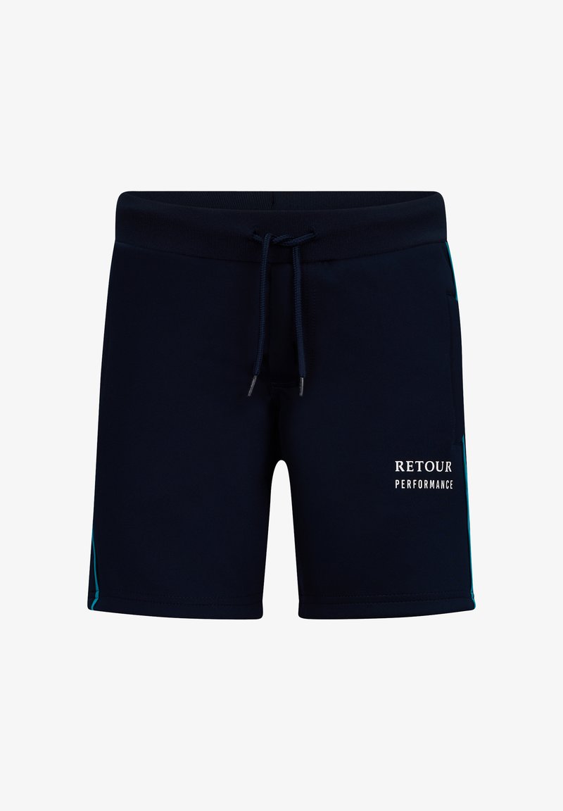 Navy zwemshorts met een trekkoord in de taille, textuurstof en lichtblauwe accenten aan de zijkanten. Bevat het "RETOUR PERFORMANCE" logo in het wit.