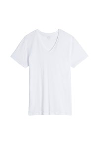 Witte katoenen T-shirt met een V-hals, korte mouwen, lichtgewicht stof en een eenvoudige, gladde textuur. Geen zichtbare patronen of accenten.