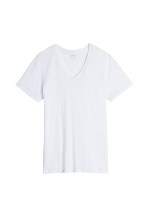Weißes Baumwoll-T-Shirt mit V-Ausschnitt, kurzen Ärmeln, leichtem Stoff und einer schlichten, glatten Textur. Keine sichtbaren Muster oder Akzente.
