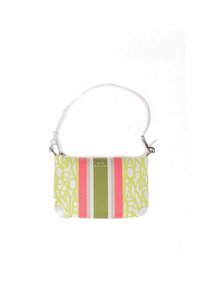 Borsa multicolore con strisce verdi, rosa e bianche. Realizzata in tessuto, presenta un logo ed è dotata di una tracolla bianca regolabile.