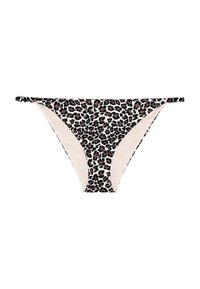 Culotte de bikini à imprimé léopard avec une texture lisse, dotée de panneaux latéraux crème et de fines bretelles. Conçu pour une coupe contemporaine.