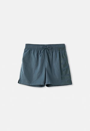 Pantaloni da nuoto da uomo di colore grigio scuro. Realizzati in tessuto leggero, con vita elasticizzata e cordoncino. Presentano una grafica discreta su un lato.