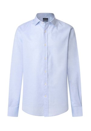 Camicia a maniche lunghe azzurro chiaro in misto cotone, con colletto button-down, bottoni frontali e dettagli ricamati sui polsini. Texture liscia.