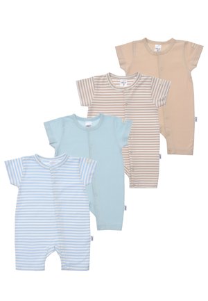 Four baby onesies in soft cotton. Colors include light blue, beige, and striped patterns. Short sleeves and snap-button closure featured.