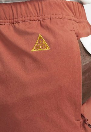 Ruskohvärvilised lühikesed püksid elastse vöökohtaga, millel on kolmnurkne kollane tikanditud logo. Sile tekstuur kergelt läikega.