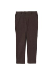 Pantaloni marroni su misura realizzati in un tessuto testurizzato, con chiusura a bottone, passanti per cintura e tasche laterali. Design a gamba dritta.